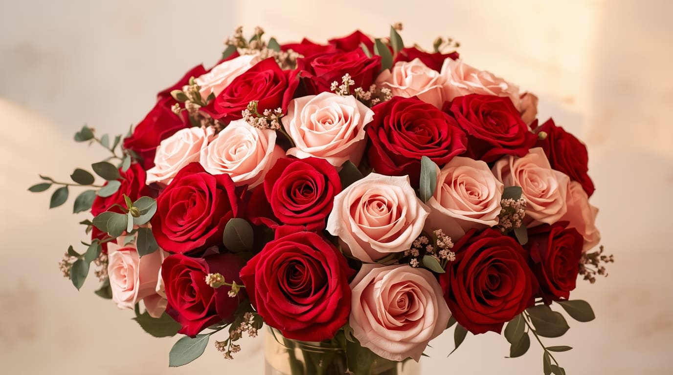 Passievolle Rozen boeket met rode en roze rozen